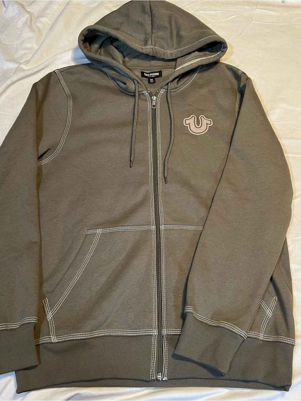 True Religion Olive Green Contrast-Stitch Zip Hoodie Men’s Medium